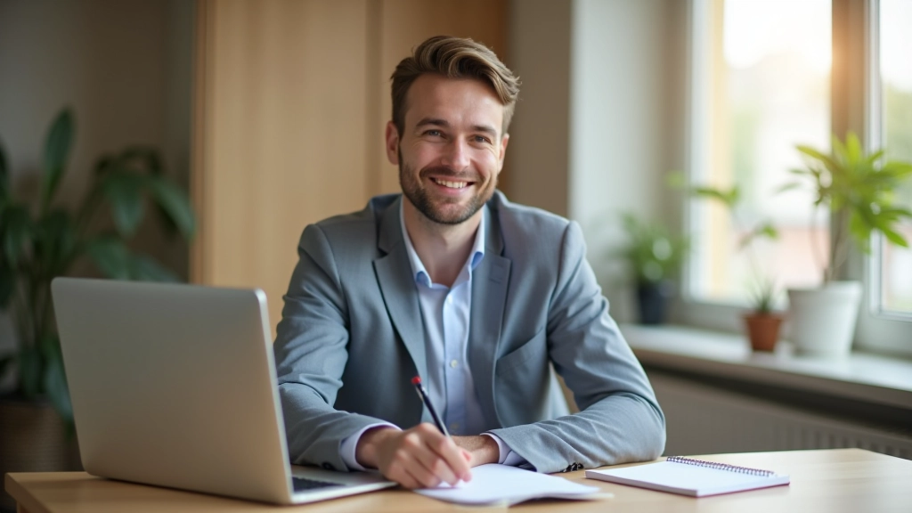 Persoon die LinkedIn profiel schrijft op laptop, notities naast zich op tafel
